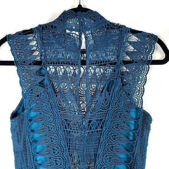 Self-Portrait Guipure Lace Mini Dress Teal Tiered Sleeveless Teardrop Sz 2 - Picture 10 of 16